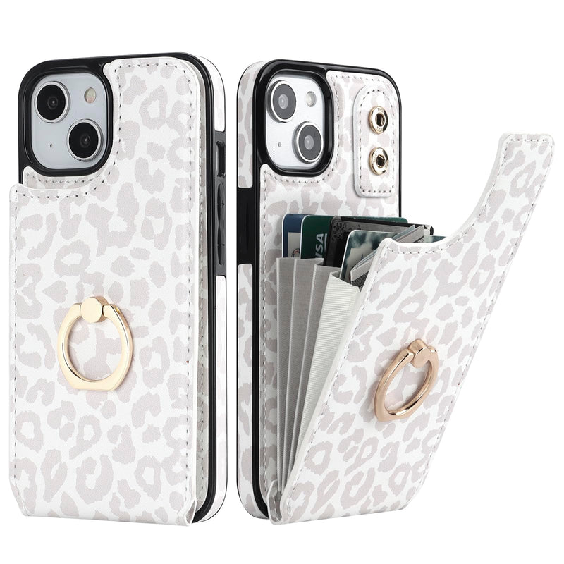  [AUSTRALIA] - HAOPINSH for iPhone 13/ iPhone 14 Wallet Case with Card Holder, 360°Rotation Ring Kickstand, White Leopard Cheetah Pattern, RFID Blocking Leather for Girls Women, Double Buttons Flip Protective 6.1"
