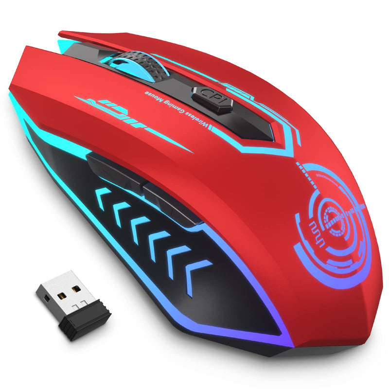  [AUSTRALIA] - UHURU Gaming Mouse, Wireless Gaming Mouse with 6 Buttons 7 Changeable LED Color up to 10000 DPI, Rechargeable USB Gamer Mouse for PC Laptop (Red) red