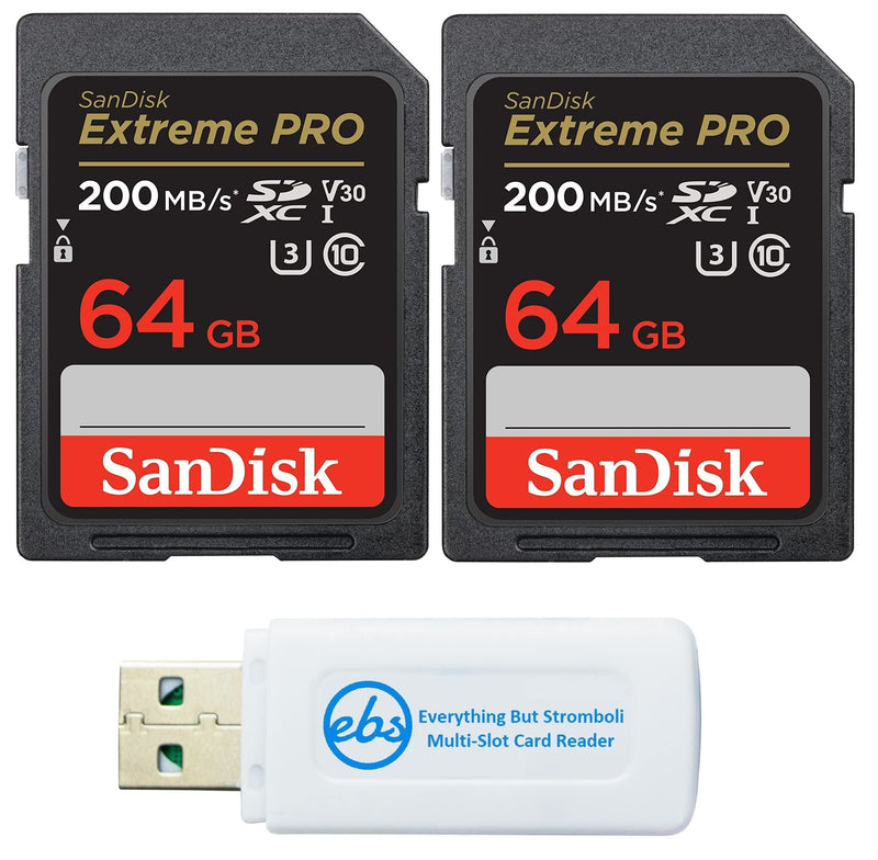  [AUSTRALIA] - SanDisk 64GB SDXC SD Extreme Pro Memory Card (Two Pack) Works with Nikon D3500, D7500, D5600 Digital DSLR Camera 4K V30 U3 (SDSDXXU-064G-GN4IN) Plus (1) Everything But Stromboli Multi Slot Reader