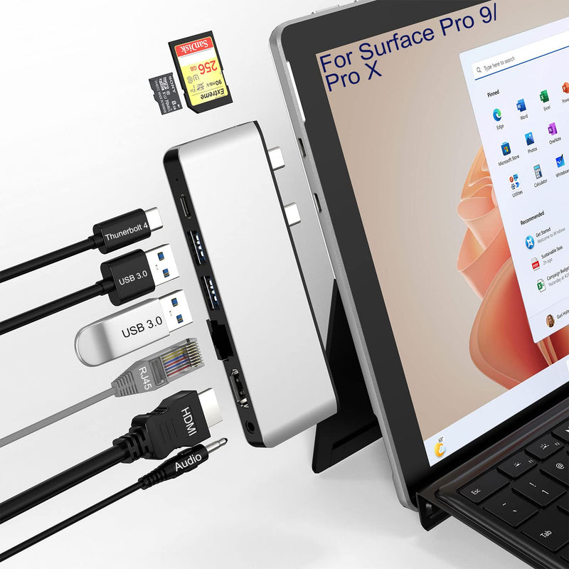  [AUSTRALIA] - Surface Pro 9 Hub Docking Station with 4K HDMI, USB-C Thunerbolt 4(8K@30Hz Video+40G Data+100W Power), 100M RJ45, 2X USB3.0, SD+TF Card Slot, 3.5mm Audio, Triple Display for Surface Pro 9/Pro X