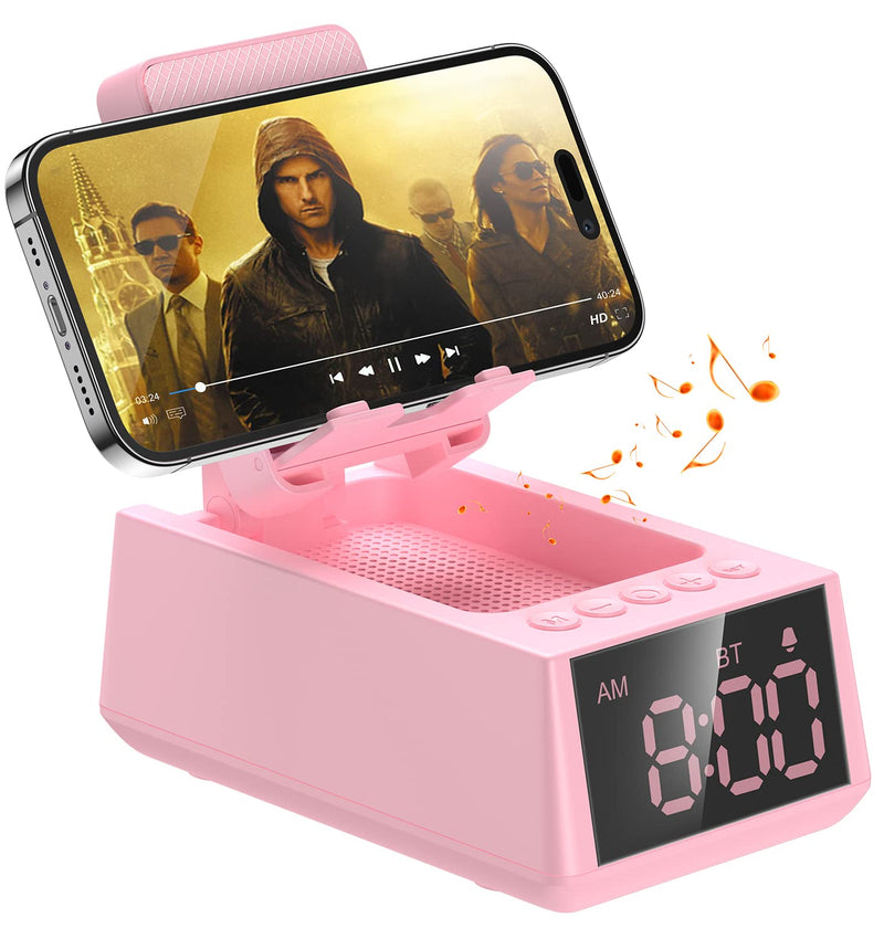  [AUSTRALIA] - Gifts for Him, Her, Cell Phone Stand Bluetooth Speakers, Cool Tech Kitchen Gadgets, Adjustable Phone Holder with LCD Digital Alarm Clock, HD Surround Sound, Birthday for Men Women Dad Who Want Nothing Pink