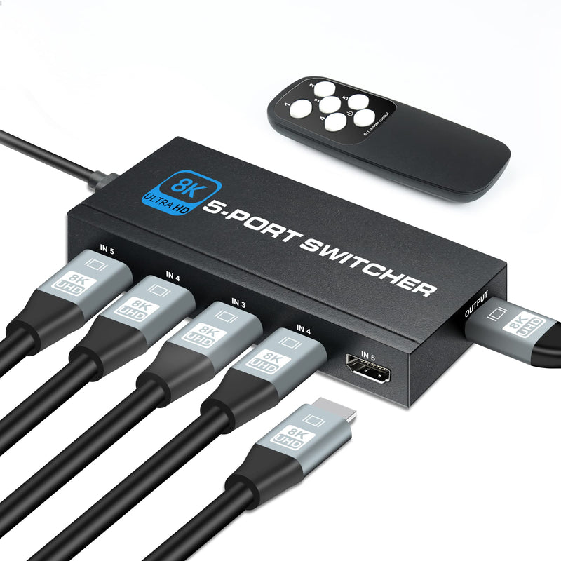  [AUSTRALIA] - NEWCARE HDMI 2.1 Switch, Ultra HD 8K HDMI Switch Box with Remote Supports 4K@120Hz, 8K@60Hz Auto CEC 3D HDCP2.3, 5 Port HDMI Switcher Compatible with PS5/4/3, Xbox,roku, Fire Stick, TV,Projectors 5 ports hdmi switch