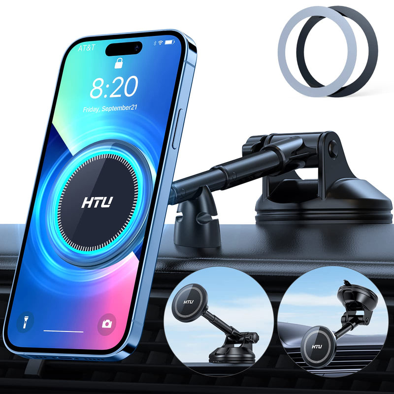  [AUSTRALIA] - HTU【Upgrade Magnet】for Magsafe Car Mount,【360°Suction Cup & Alloy Telescopic Arm】Handsfree Powerful Magnetic Cell Phone Holder for Car Dashboard Windshield, for iPhone 14 13 12 Pro Max Mini All Phone Black