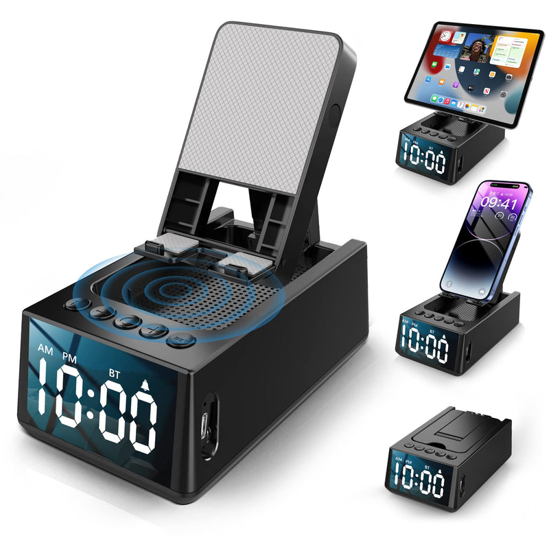  [AUSTRALIA] - Cell Phone Stand with Wireless Bluetooth Speaker, Gifts for Men or Women, Anti-Slip Design with HD Surround Sound, Adjustable Tablet Holder with Alarm Clock, Compatible with Phones & Tablets, Gadgets
