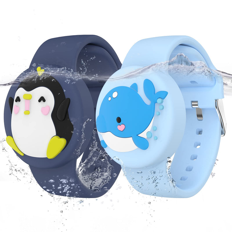  [AUSTRALIA] - Waterproof Air tag Bracelets For Kids (2 Pack) - Soft Silicone Hidden Air tag Wristband - Lightweight GPS Tracker Holder Compatible with Apple Airtag Watch Band For Child (Penguin & Whale) Penguin & Whale