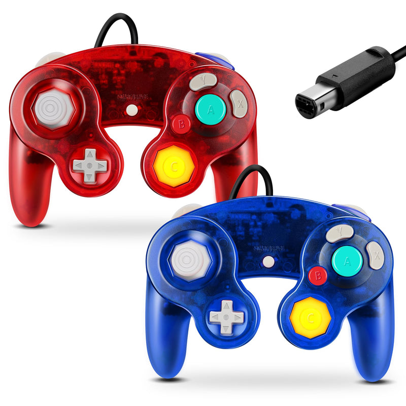  [AUSTRALIA] - FIOTOK Gamecube Controller, Classic Wired Controller for Wii Nintendo Gamecube (Clear Red & Clear Blue -2Pack) Clear Red & Clear Blue