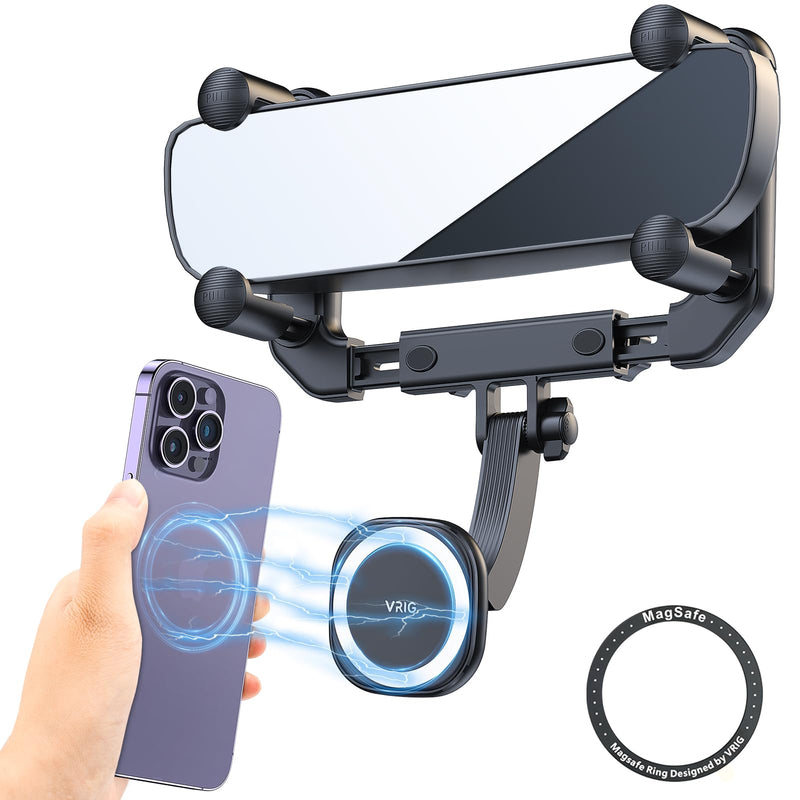  [AUSTRALIA] - VRIG MG-15 Magnetic Rear View Mirror Phone Holder for car [Big Rear Mirrors Friendly],MagSafe Hands Free 360 Rotating Strong Magnet Cell Phone Mount Fit for iPhone 14/13/12 Series or MagSafe Case