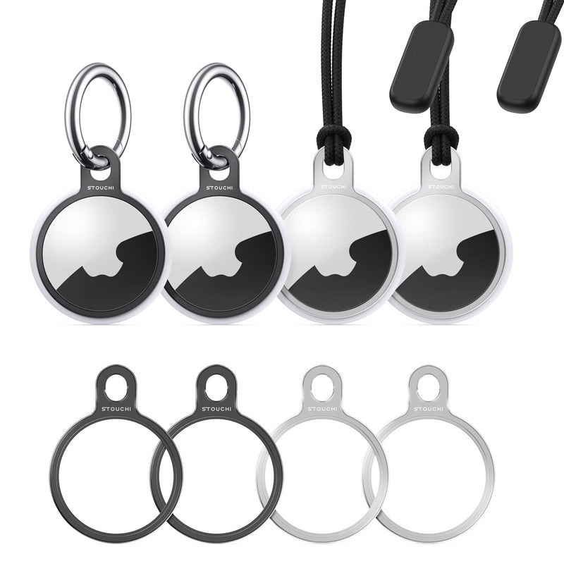  [AUSTRALIA] - Stouchi 4 Packs Airtag Holder Key Ring, Stainless Steel Invisible Slim Keychains Compatible with Airtag 2021 Finder Items, Dog, Key, Backpacks Air Tag Accessories with 2 anti-lost ropes 2 Grey+ 2 Silver