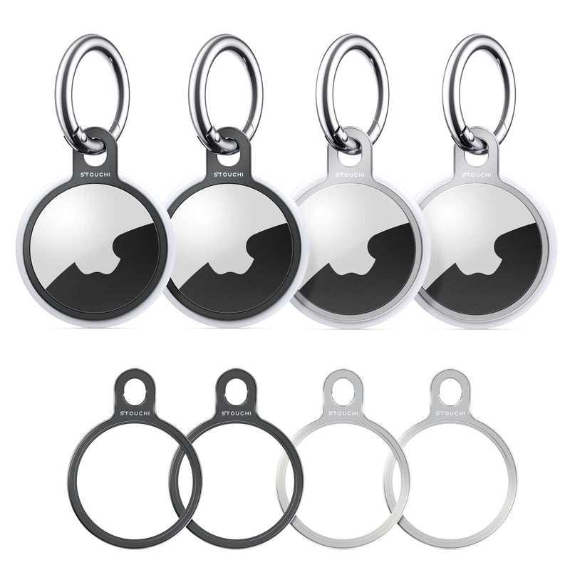  [AUSTRALIA] - Stouchi 4 Packs Airtag Holder Key Ring, Stainless Steel Invisible Slim Compatible with Airtag 2021 Finder Items, Dog, Key, Backpacks Air Tag Accessories with 4 Small Keychains 2 Grey+2 Silver