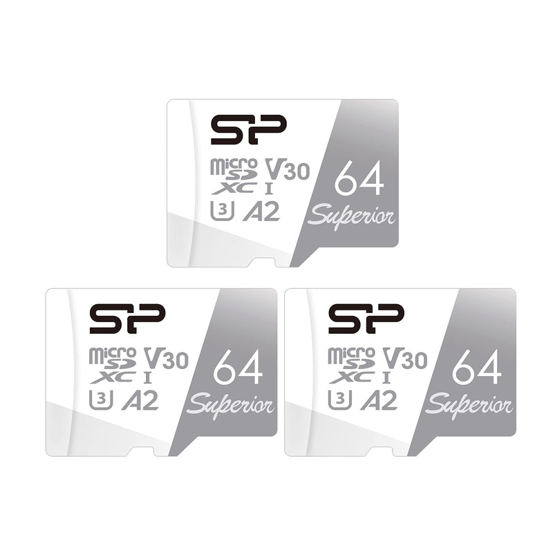  [AUSTRALIA] - Silicon Power 3-Pack 64GB Superior Micro SDXC UHS-I (U3), V30 4K A2, High Speed MicroSD Card with Adapter A2 64GB x3