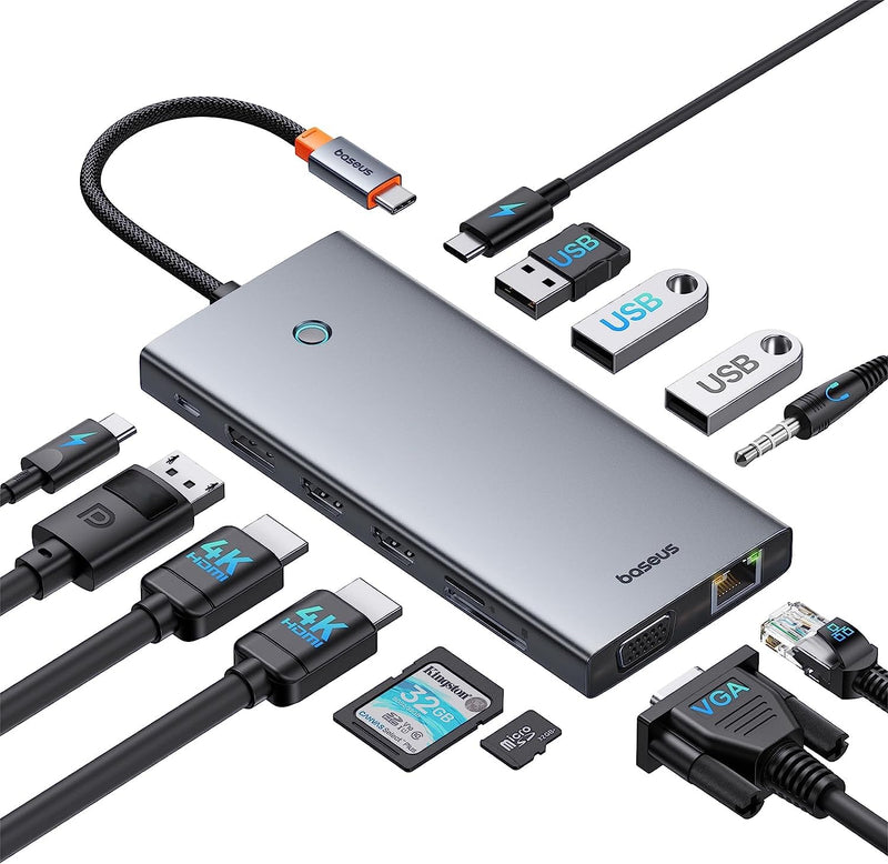  [AUSTRALIA] - Docking Station 3 Monitors, Baseus 13-in-1 USB C Docking Station Dual Monitor with 2 HDMI 4K@60Hz, DisplayPort,VGA, 10Gbps Data Transfer, PD 100W and Ethernet for Dell/HP/Lenovo/Surface Laptop