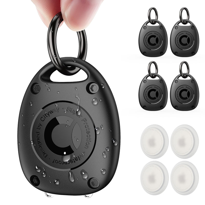  [AUSTRALIA] - (4 Pack) AirTag Keychain Holder Case | IPX8 Waterproof, Ultra-Compact | Portable Air Tag Holder Cover for Dog Collar, Backpack, Keys, Luggage - Black