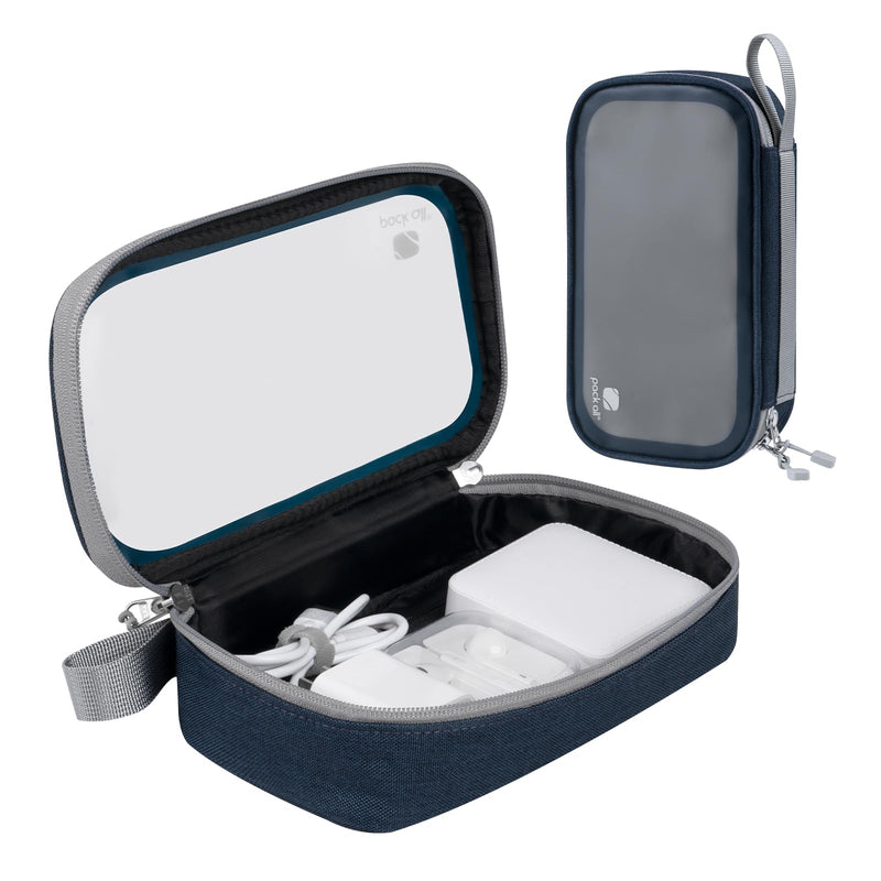  [AUSTRALIA] - pack all Clear Electronic Organizer, TPU Cable Organizer Bag, Compact Cord Travel Organizer for Cables, Chargers, Phones, USB cords, SD Cards (Dark Blue) Dark Blue
