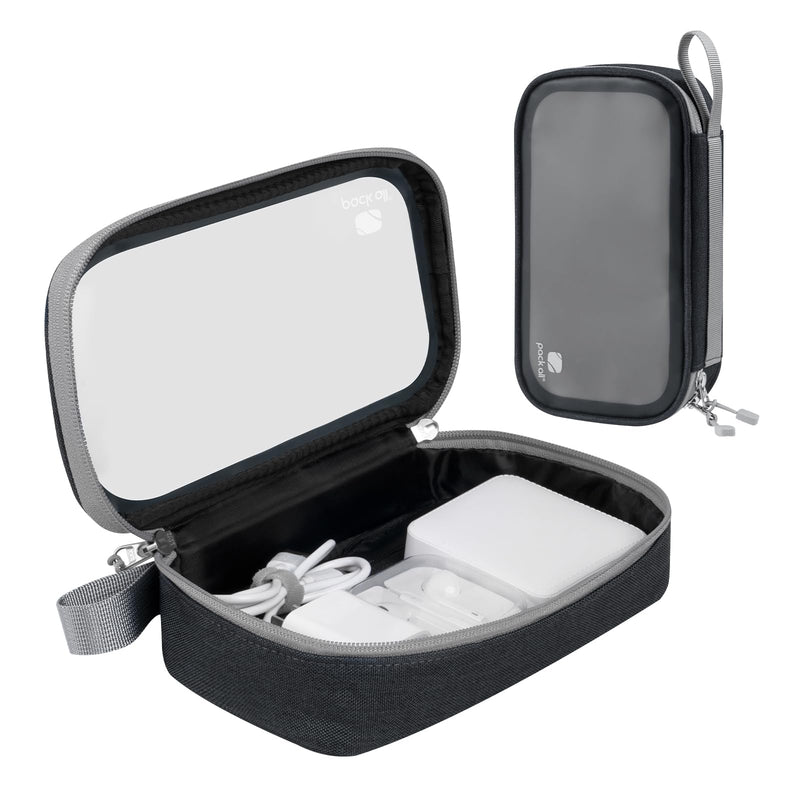  [AUSTRALIA] - pack all Clear Electronic Organizer, TPU Cable Organizer Bag, Compact Cord Travel Organizer for Cables, Chargers, Phones, USB cords, SD Cards (Black) Black