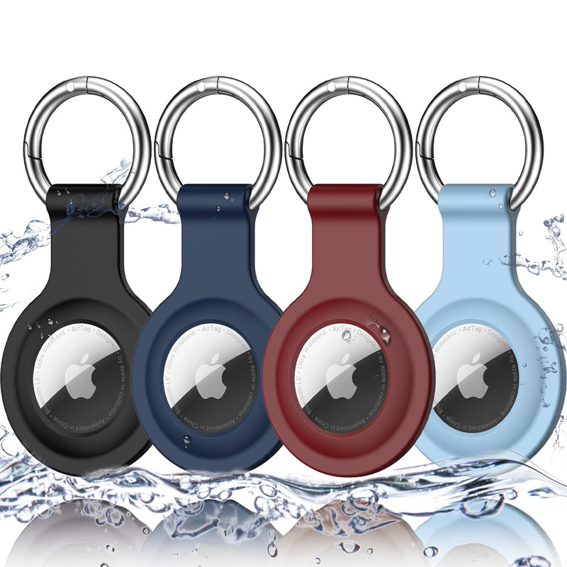  [AUSTRALIA] - R-fun Airtag Holder with Keychain, [4 Pack] Waterproof Silicone AirTag case Cover with Key Rings for Wallet, Dog Collar, Luggage, and Keys.-Black/Navy/Wine Red/Sky Blue Black/Navy/Wine Red/Sky Blue